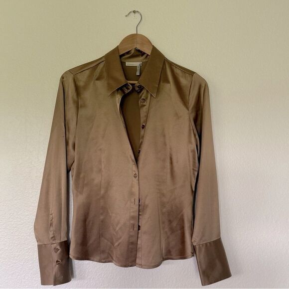 Silk gold long sleeve button up shirt - Picture 2 of 5